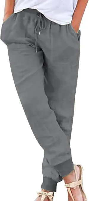 Tapered Pants for Womens Casual High Waisted Elastic Drawstring Pants Loose Fit Solid Color Comfy Trousers with Pockets