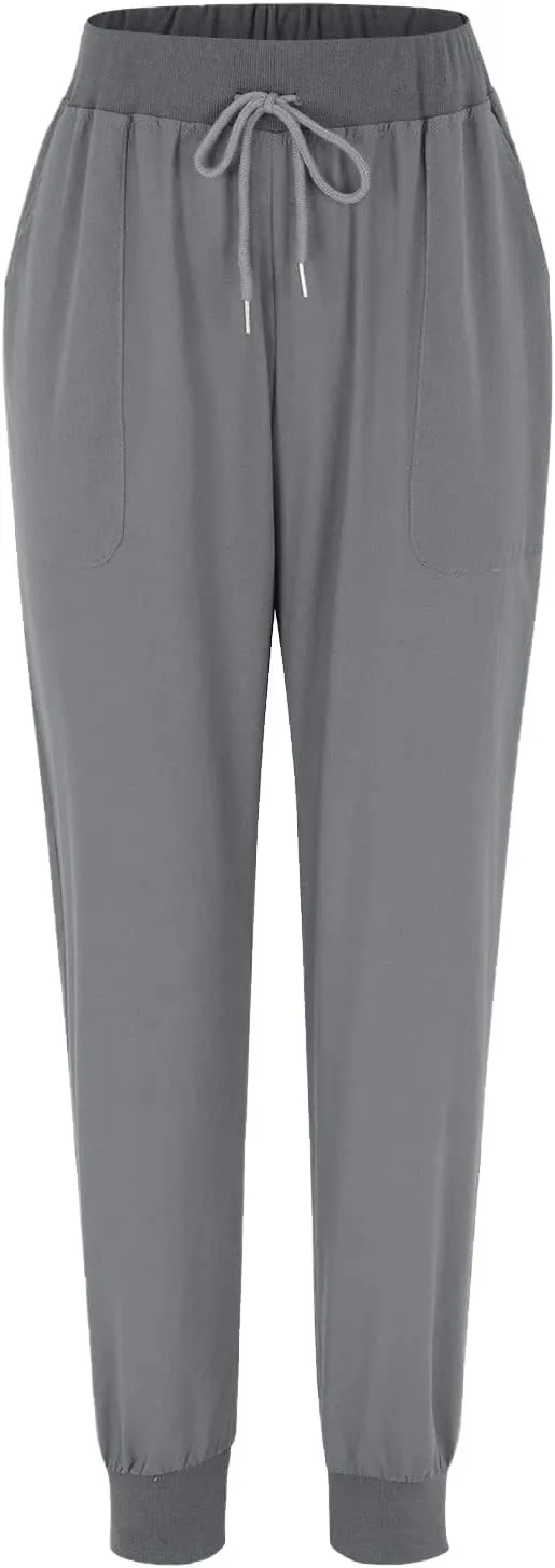 Tapered Pants for Womens Casual High Waisted Elastic Drawstring Pants Loose Fit Solid Color Comfy Trousers with Pockets