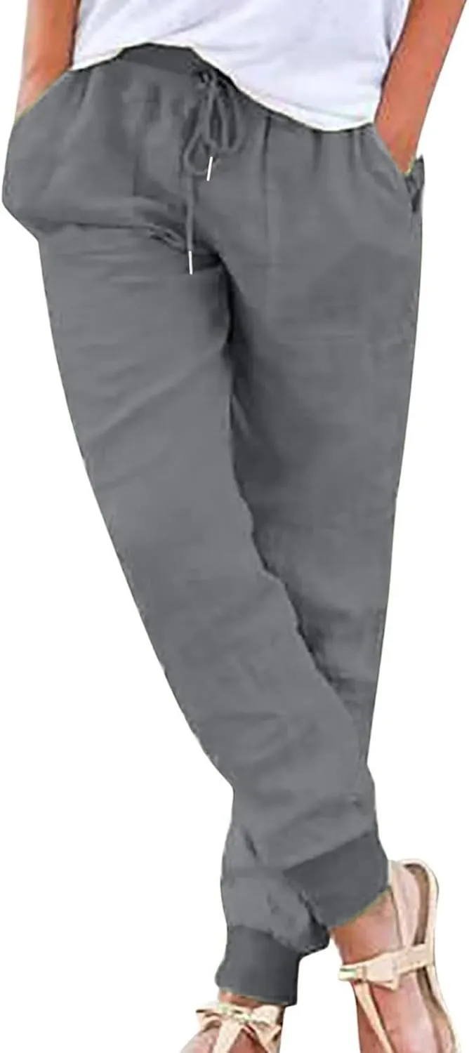 Tapered Pants for Womens Casual High Waisted Elastic Drawstring Pants Loose Fit Solid Color Comfy Trousers with Pockets