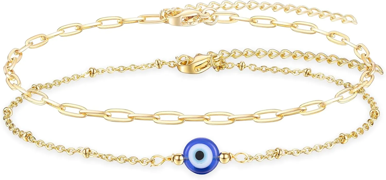 Tarsus Gold Plated Evil Eye Bracelet/Anklets Layered Amulet Nazar for Women