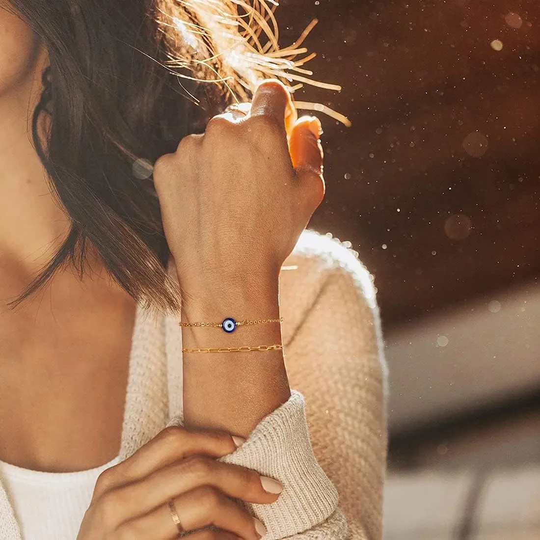 Tarsus Gold Plated Evil Eye Bracelet/Anklets Layered Amulet Nazar for Women