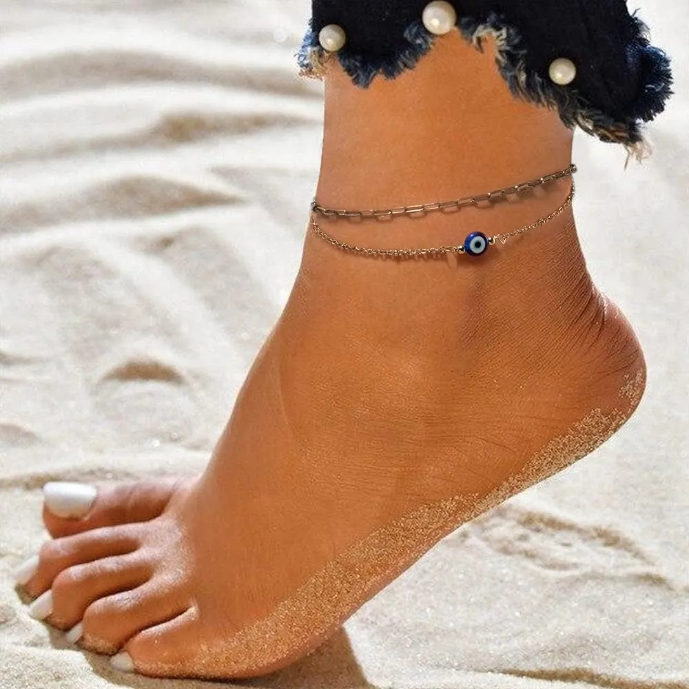 Tarsus Gold Plated Evil Eye Bracelet/Anklets Layered Amulet Nazar for Women