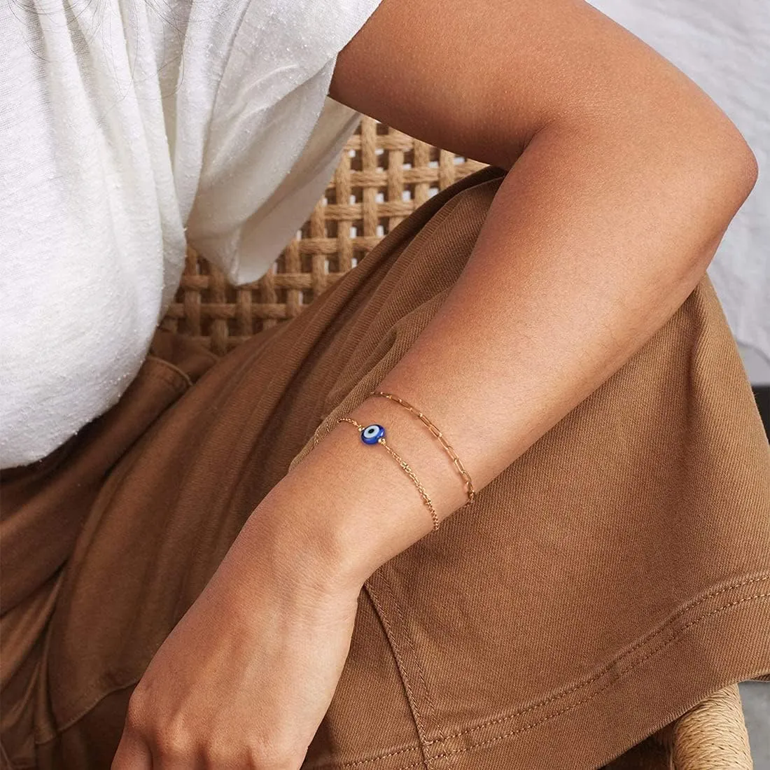 Tarsus Gold Plated Evil Eye Bracelet/Anklets Layered Amulet Nazar for Women