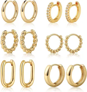 Tasiso Small Hoop Earrings for Women, 6 Pair 14K Gold Plated Huggie Hoop Earrings Lightweight Hypoallergenic Earring Set Cute Earrings Pack for Women Trendy Jewelry Gifts