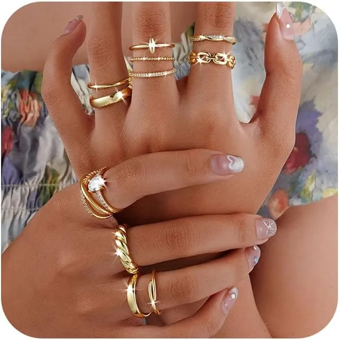 Tasiso Stackable Gold Rings for Women,12 PCS 14K Gold Plated Non Tarnish Trendy Dainty Cubic Zirconia Thumb Ring Set Trendy Statement Wedding Prom Rings Stacking Ring Pack Size 6 7 8 9 10