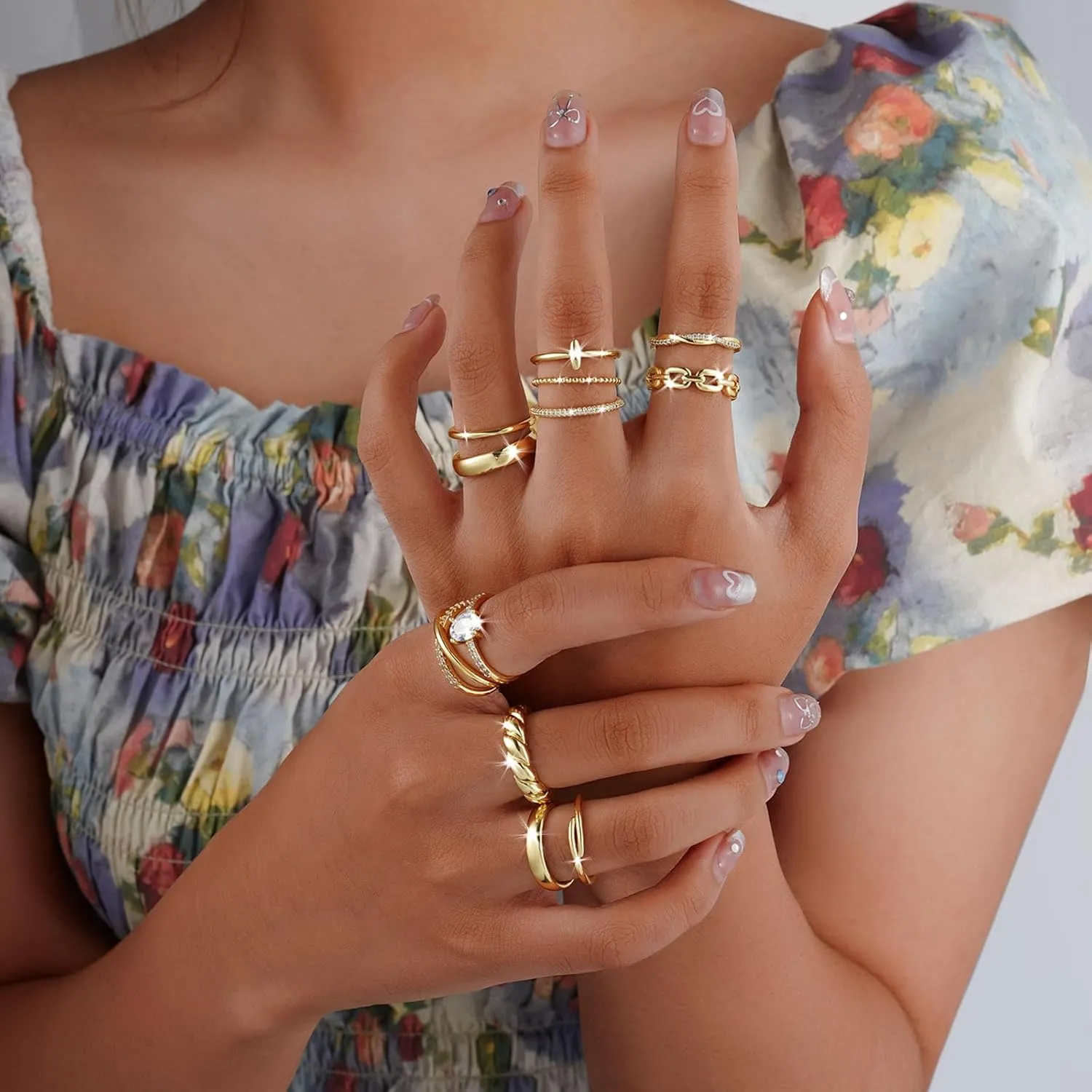Tasiso Stackable Gold Rings for Women,12 PCS 14K Gold Plated Non Tarnish Trendy Dainty Cubic Zirconia Thumb Ring Set Trendy Statement Wedding Prom Rings Stacking Ring Pack Size 6 7 8 9 10