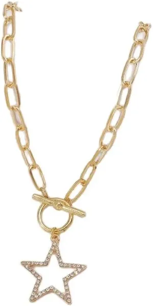 tenghong2021 Star Necklace for Women Rhinestone Heart Pendant Choker Necklaces Toggle Clasp Paperclip Chain Necklaces for Women Party Gifts Jewelry