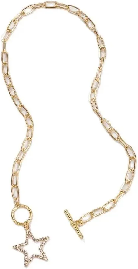 tenghong2021 Star Necklace for Women Rhinestone Heart Pendant Choker Necklaces Toggle Clasp Paperclip Chain Necklaces for Women Party Gifts Jewelry
