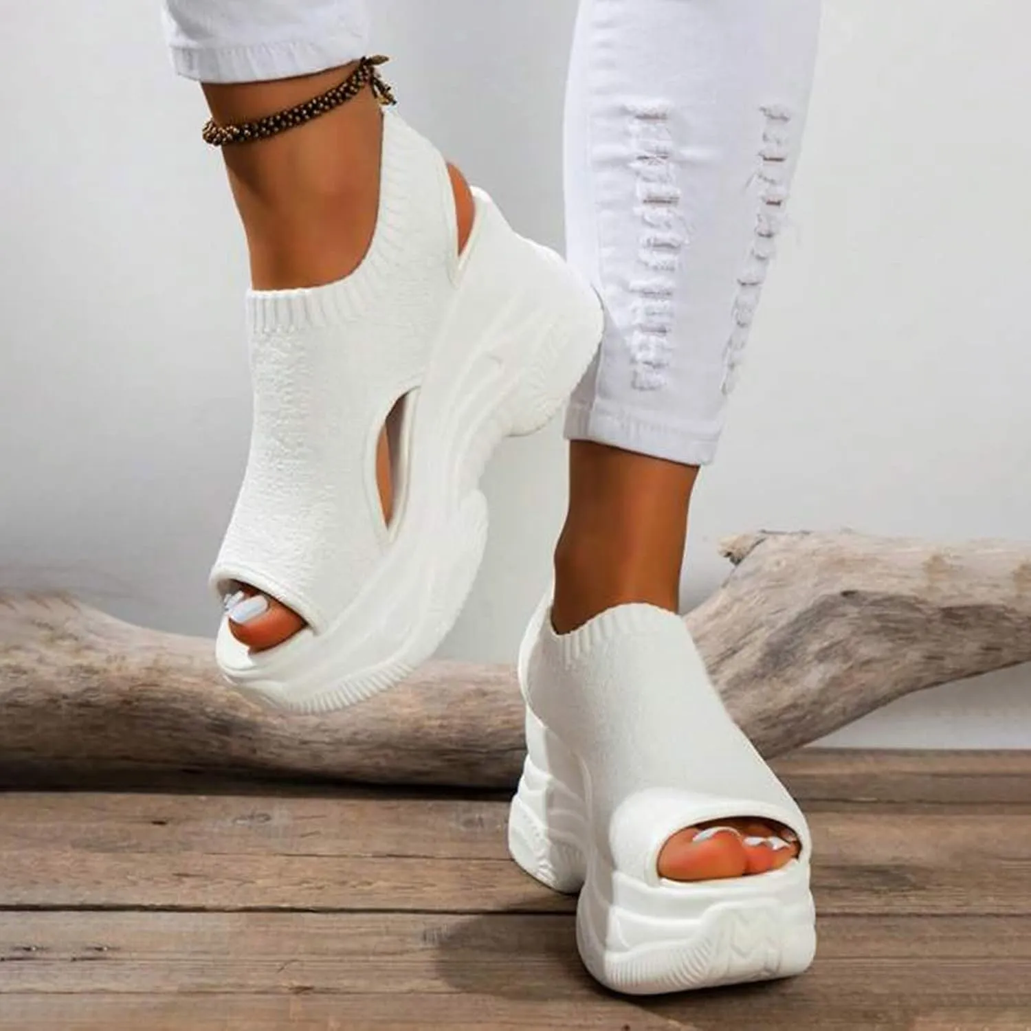 Thick Soled Sandals For Women Summer Mesh Breathable Fish Mouth Sloping Heel Sandals For Sports
