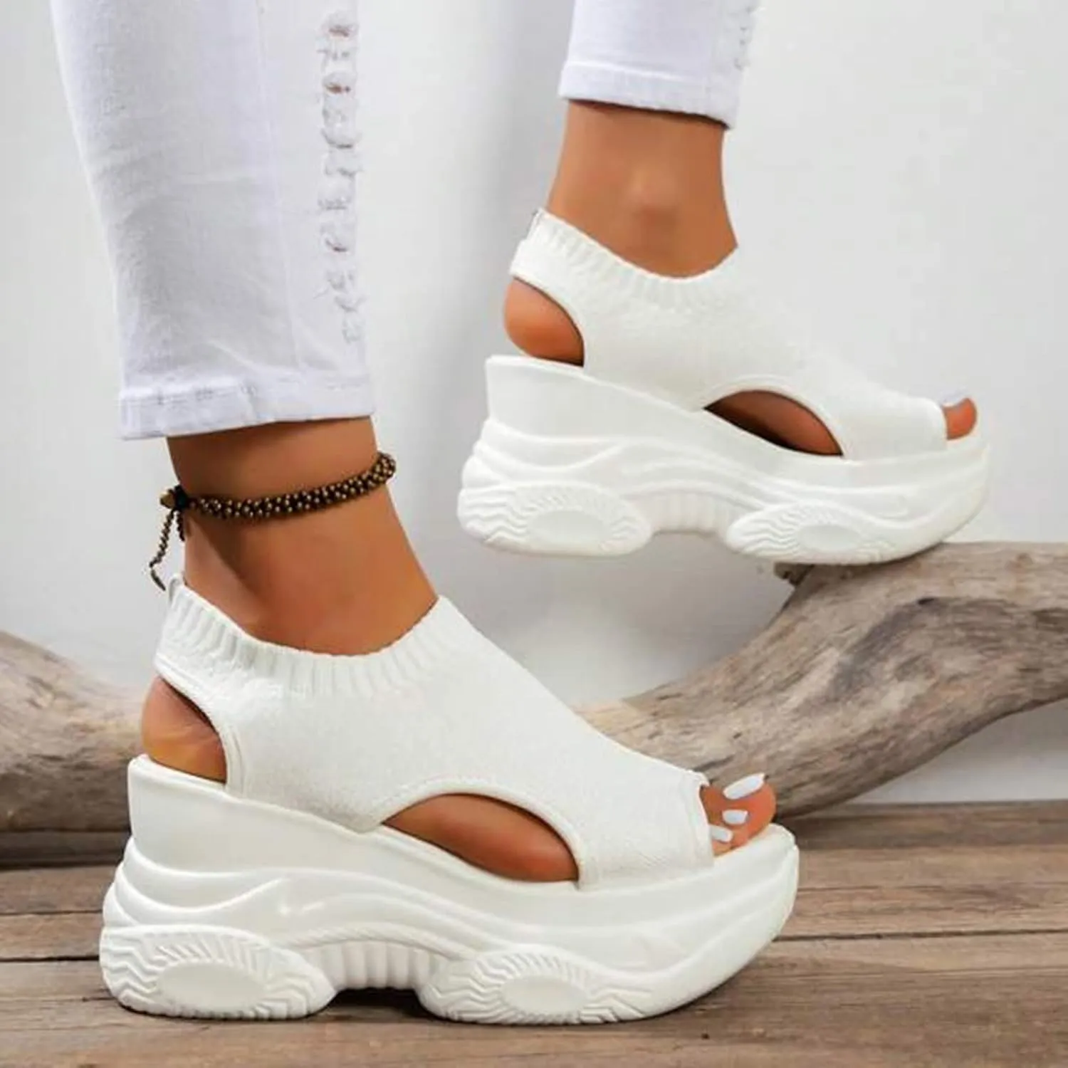 Thick Soled Sandals For Women Summer Mesh Breathable Fish Mouth Sloping Heel Sandals For Sports
