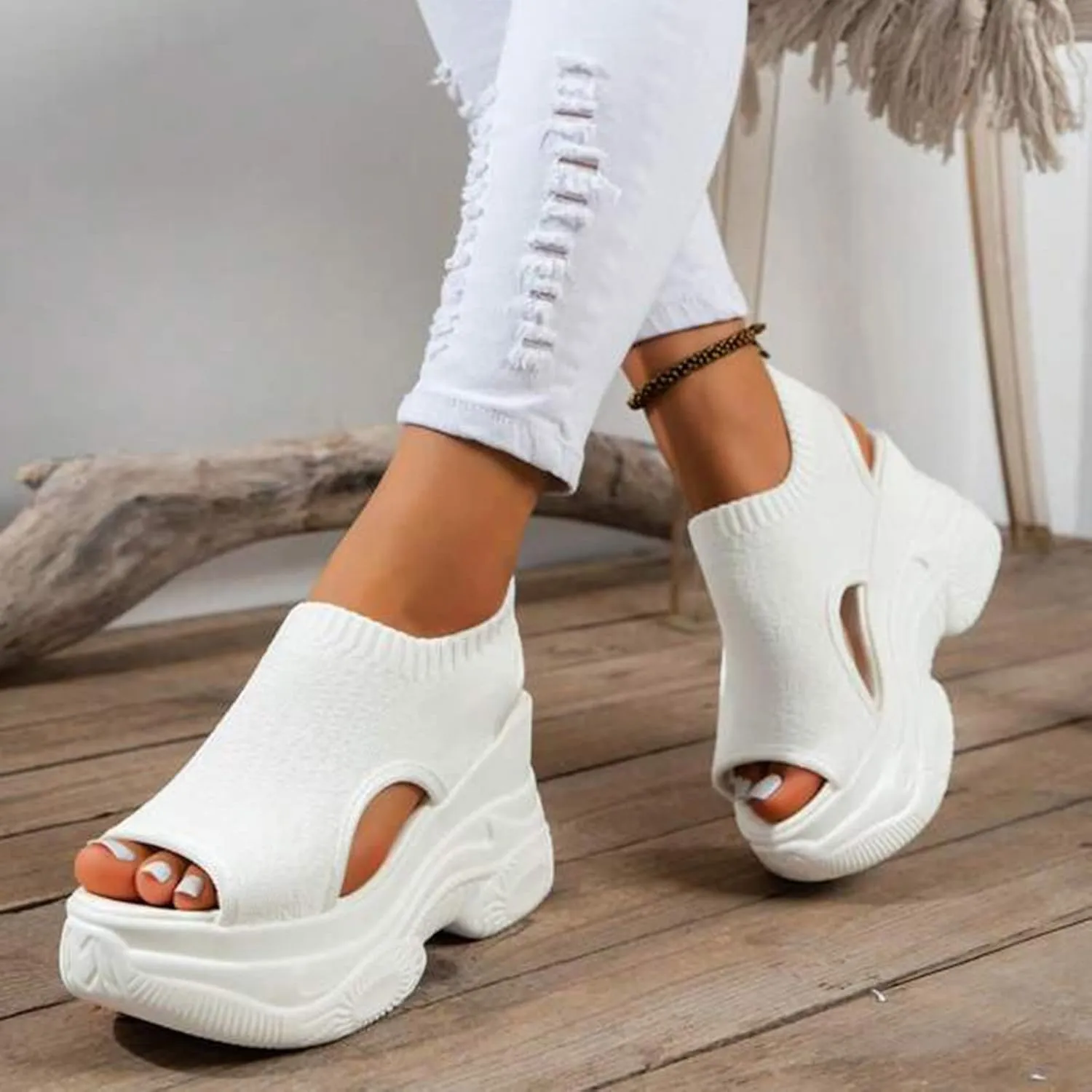 Thick Soled Sandals For Women Summer Mesh Breathable Fish Mouth Sloping Heel Sandals For Sports