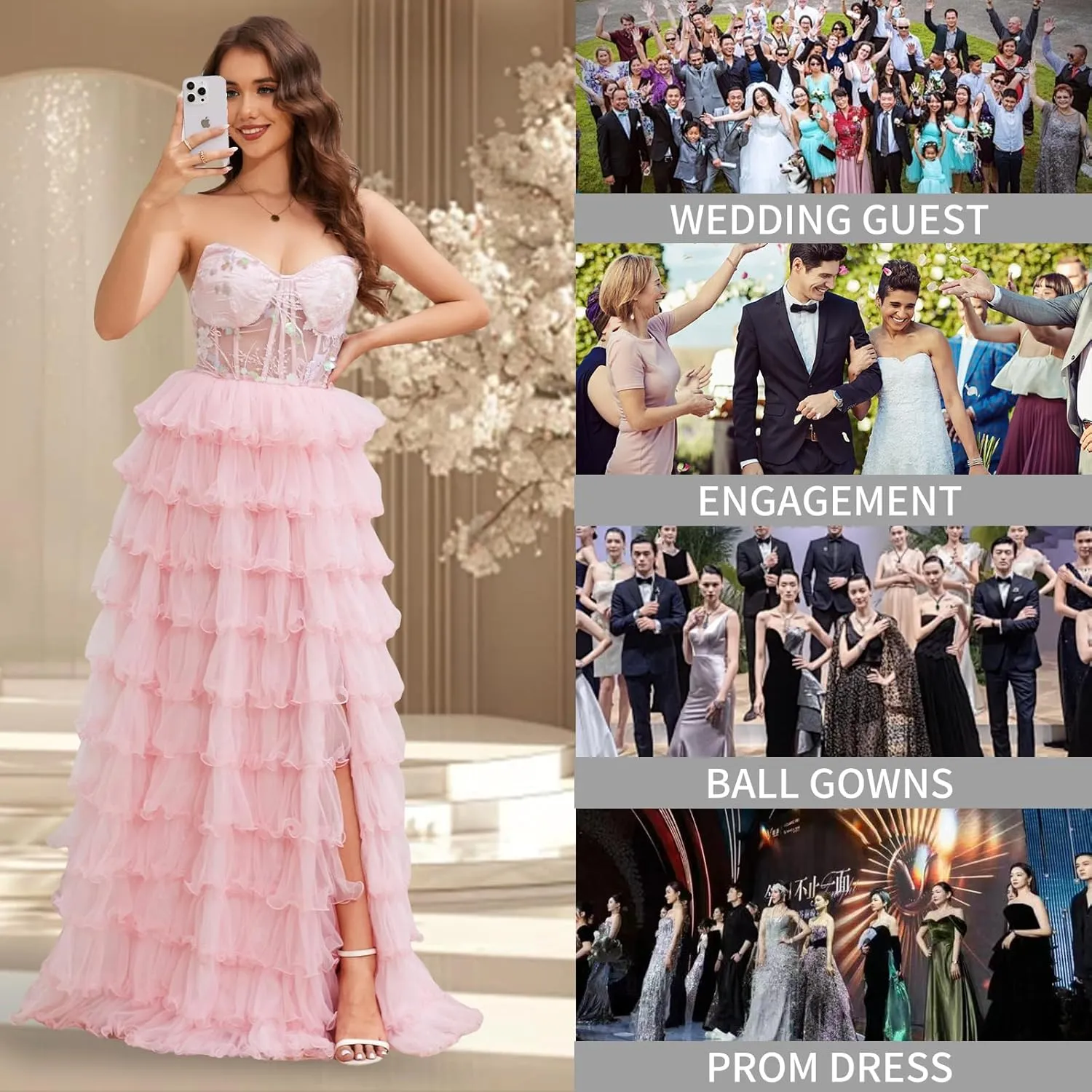 Tiered Tulle Prom Dresses Long Ball Gown A-Line Ruffle Strapless Corset Sparkly Formal Evening Dress with Slit