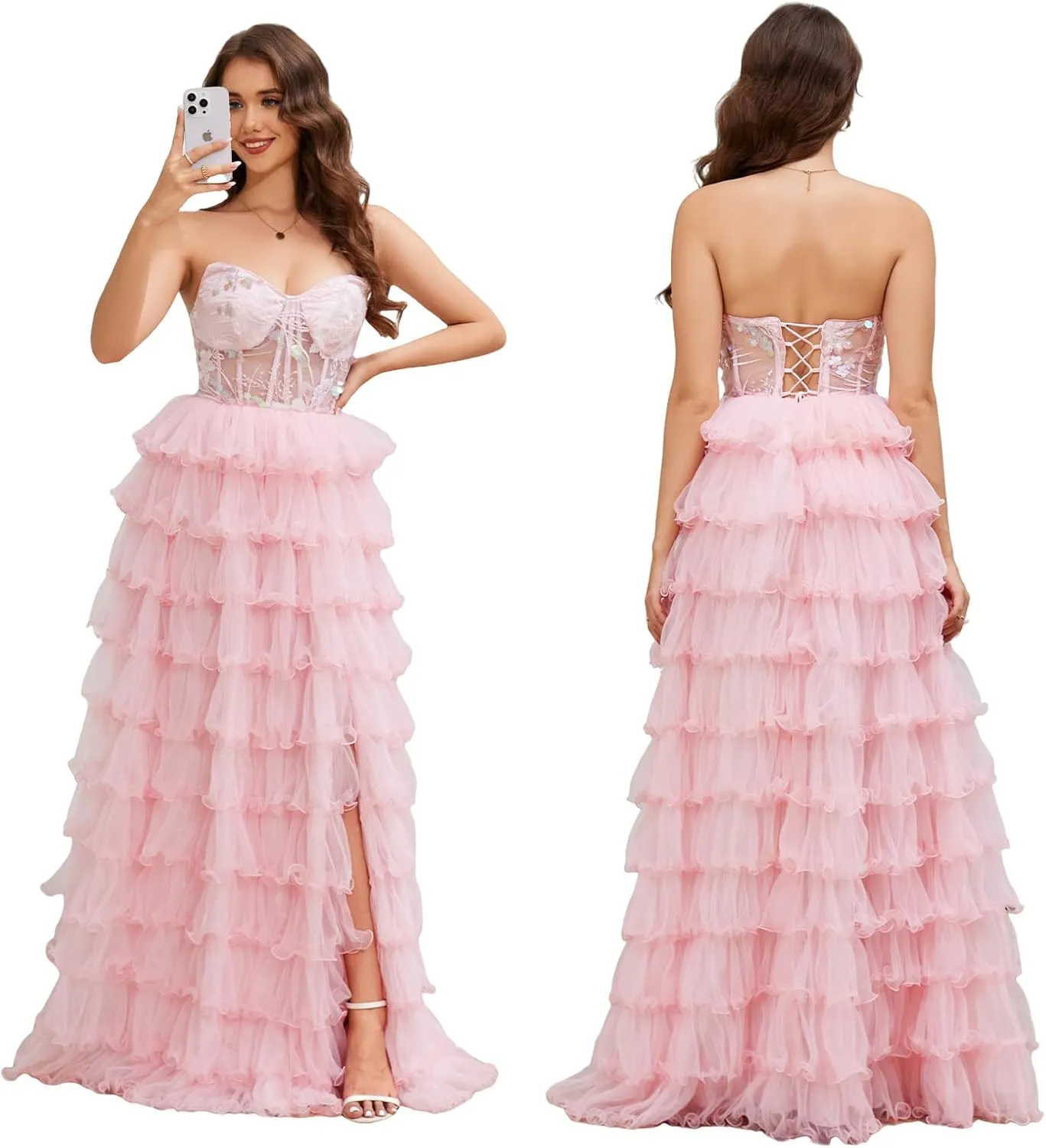 Tiered Tulle Prom Dresses Long Ball Gown A-Line Ruffle Strapless Corset Sparkly Formal Evening Dress with Slit