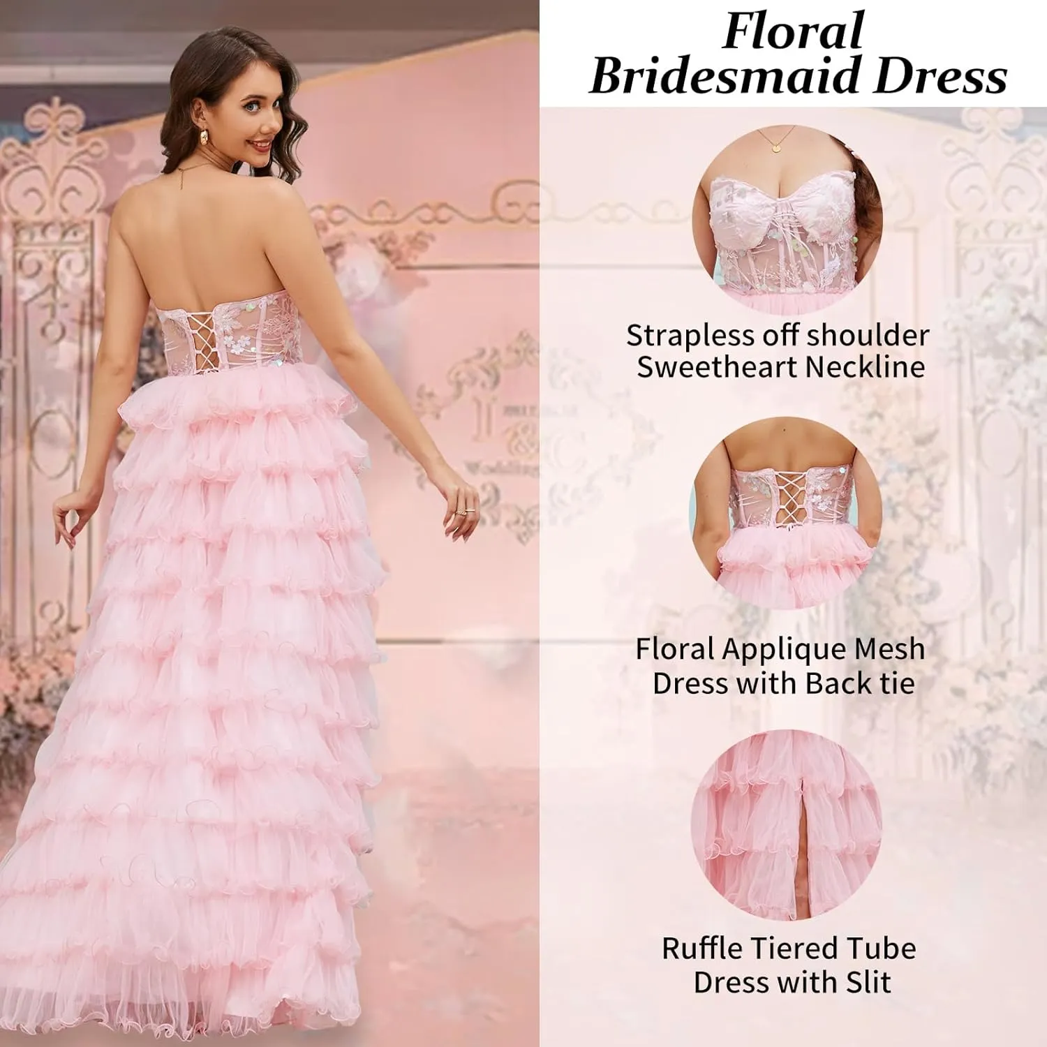 Tiered Tulle Prom Dresses Long Ball Gown A-Line Ruffle Strapless Corset Sparkly Formal Evening Dress with Slit