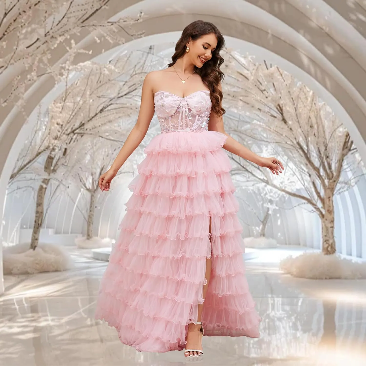 Tiered Tulle Prom Dresses Long Ball Gown A-Line Ruffle Strapless Corset Sparkly Formal Evening Dress with Slit