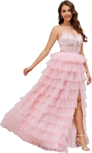 Tiered Tulle Prom Dresses Long Ball Gown A-Line Ruffle Strapless Corset Sparkly Formal Evening Dress with Slit