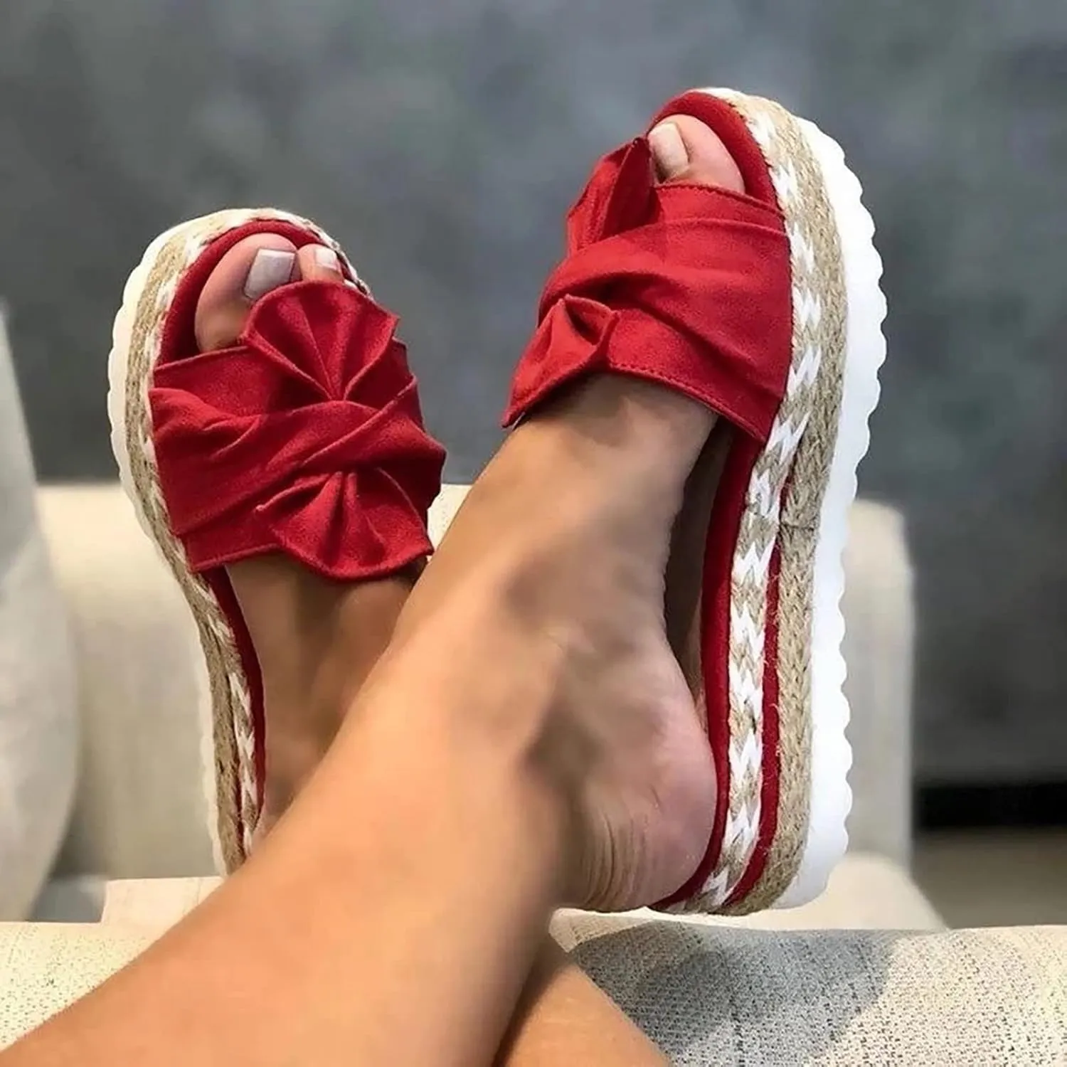 Toe Bow Weave Summer Breathable Open Sandals Flat Slip On Shoes Women's Beach Women's Slider Strap Sandals