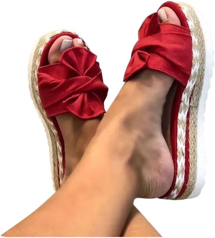 Toe Bow Weave Summer Breathable Open Sandals Flat Slip On Shoes Women's Beach Women's Slider Strap Sandals