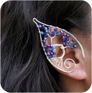 Tree of Life Elf Ear Cuffs, OwMell Handcraft Silver Pointed Fairy Elven Cosplay Fantasy Costume Wedding Earrings