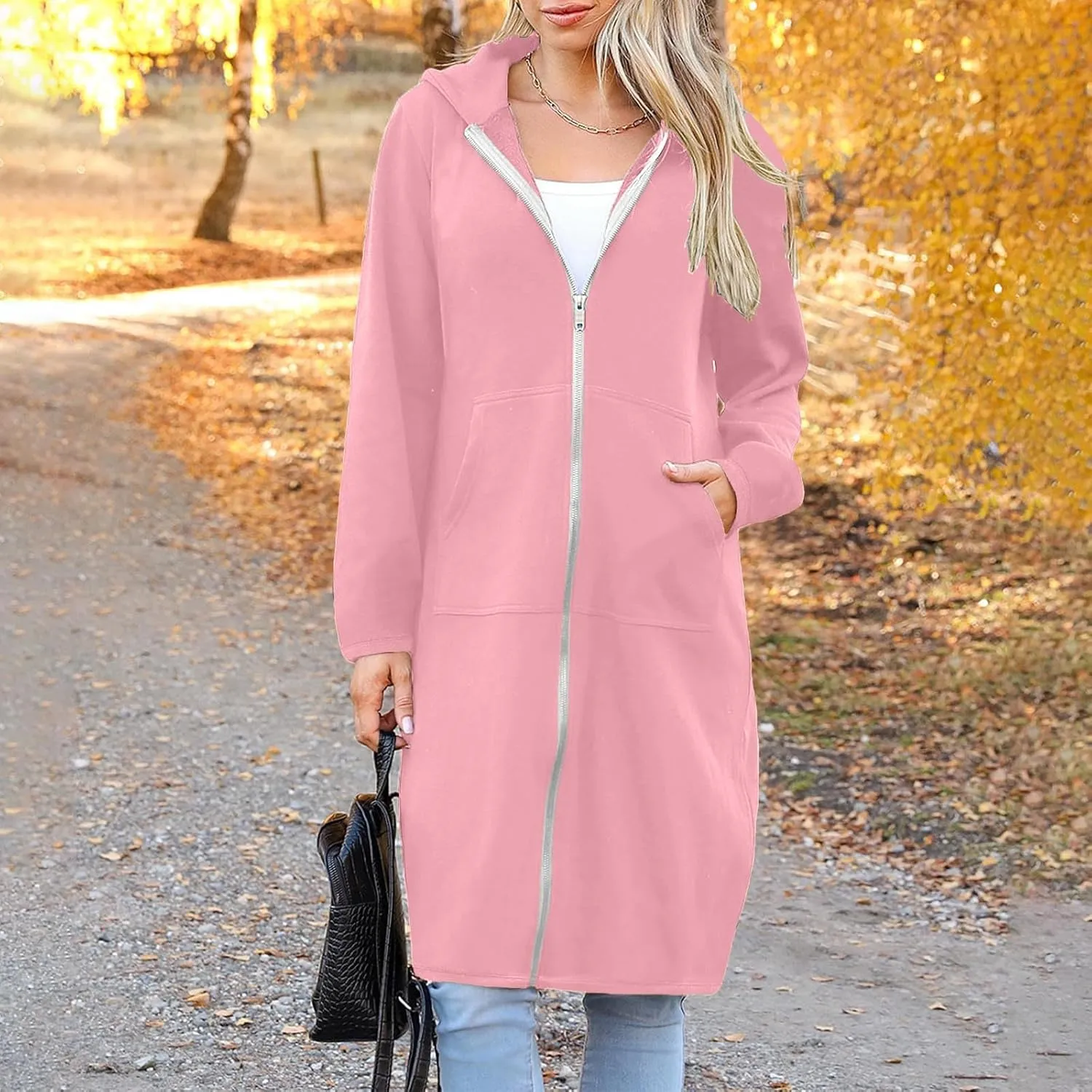Trench Coat for Women 2024 Zip up Long Sleeve Oversized Hoodies Casual Lightweight Fleece Jackets with Pockets