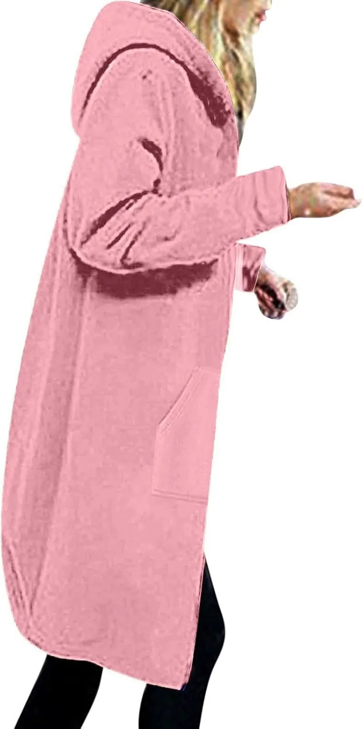 Trench Coat for Women 2024 Zip up Long Sleeve Oversized Hoodies Casual Lightweight Fleece Jackets with Pockets