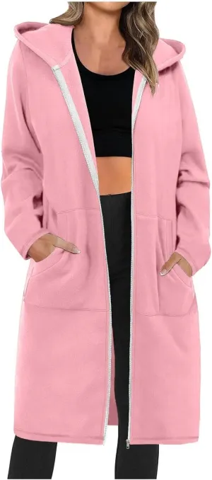 Trench Coat for Women 2024 Zip up Long Sleeve Oversized Hoodies Casual Lightweight Fleece Jackets with Pockets