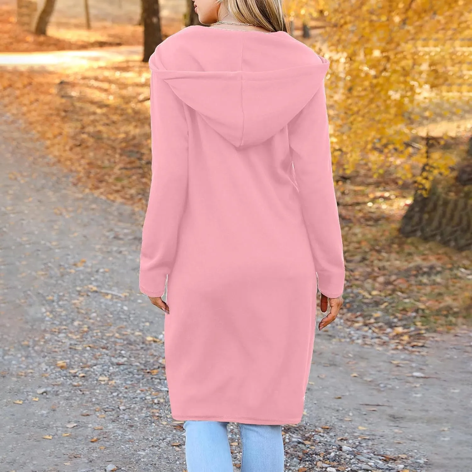 Trench Coat for Women 2024 Zip up Long Sleeve Oversized Hoodies Casual Lightweight Fleece Jackets with Pockets