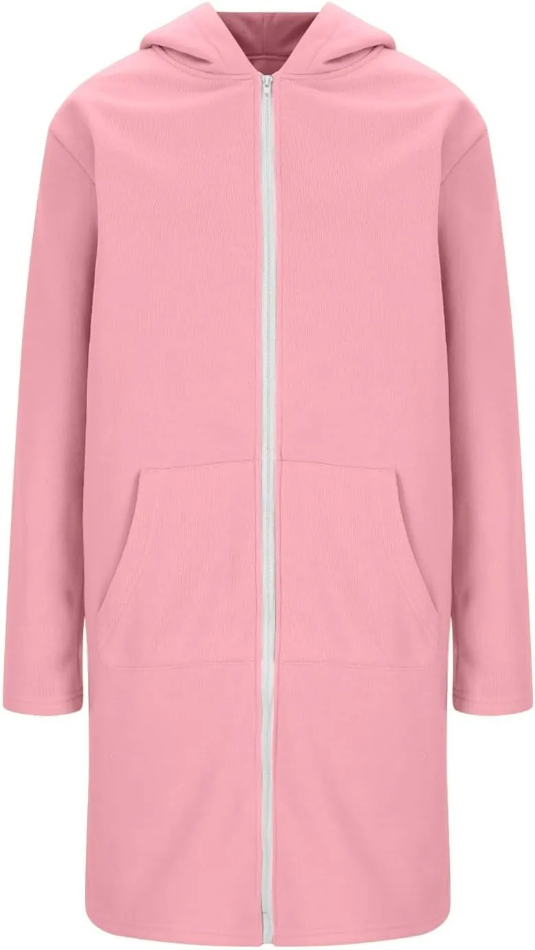 Trench Coat for Women 2024 Zip up Long Sleeve Oversized Hoodies Casual Lightweight Fleece Jackets with Pockets