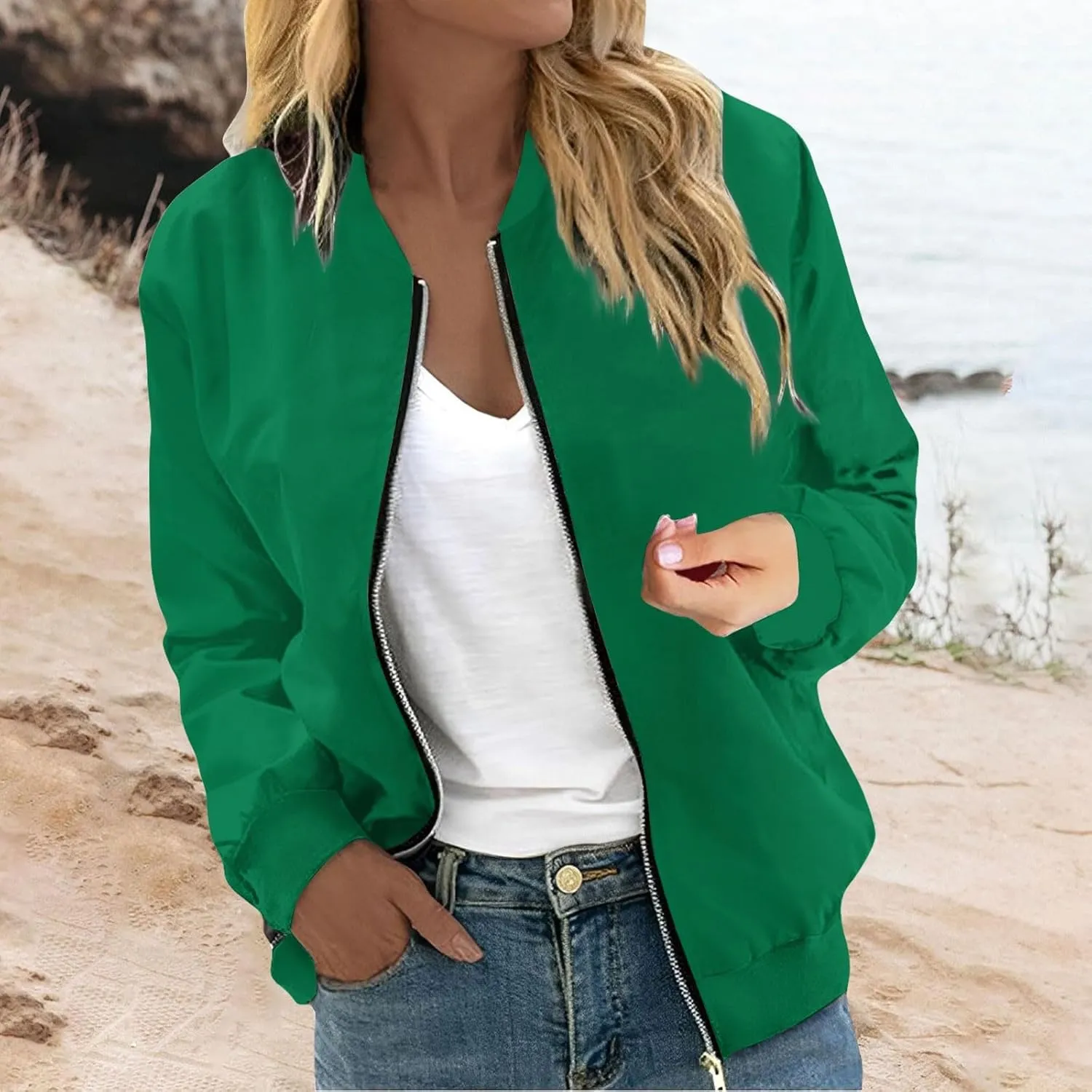 TWGONE Bomber Jacket Women Casual Floral Printed Zip Up Coat Trendy Stand Collar Jackets Lightweight Outerwear Tops