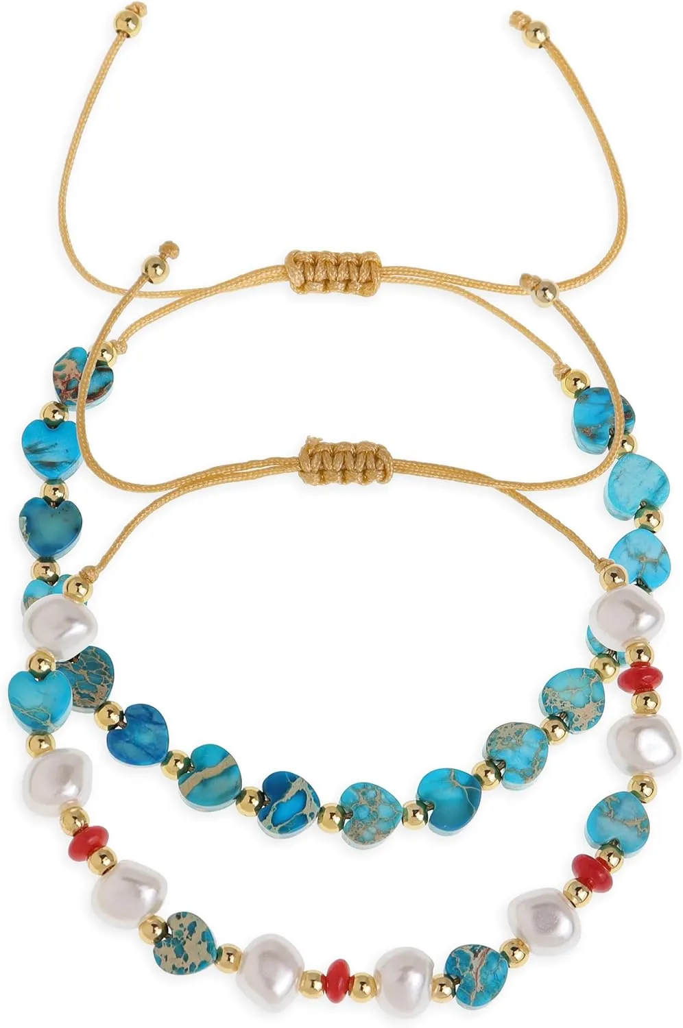 Valentines Day Boho Turquoise Heart Beads Pearl Stack Bracelets Set for Women, 2Pcs Handmade Dainty Gemstone Gold Adjustable Stackable Friendship Strand Bracelets Prom Jewelry Gifts.