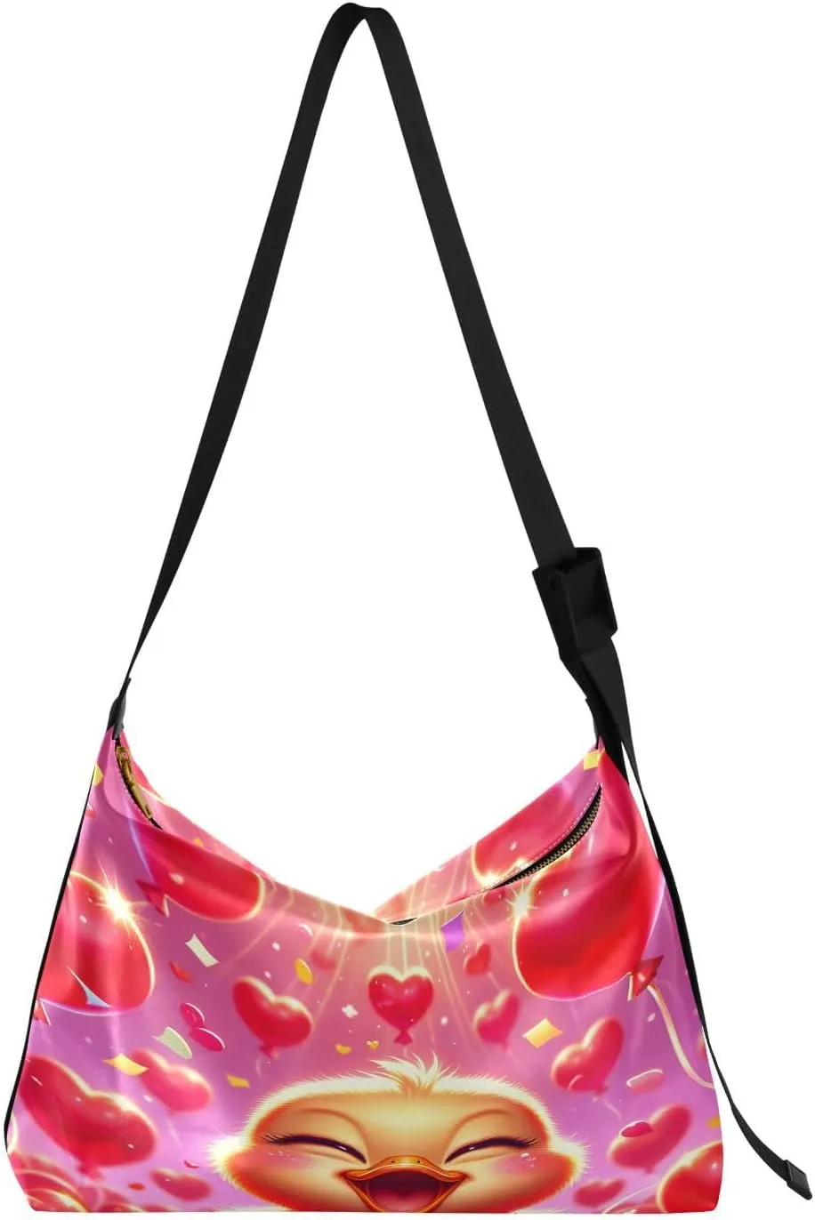 Valentines Day Happy Duck Hobo Crossbody Bags for Women Leather Large Shoulder Bag Cross Body Red Loveballoon Fllower Trendy Womens Tote Bags Handbag for Travel Shopping
