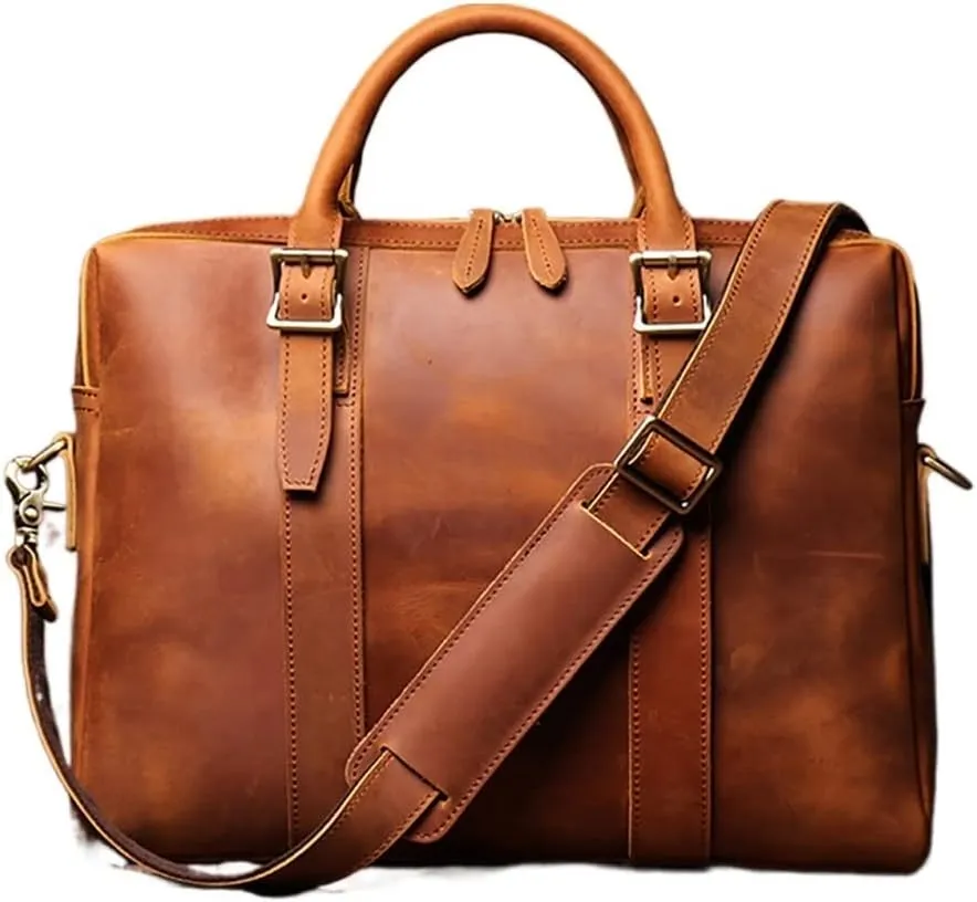 Vintage Bags Briefcase Men Shoulder Man Handbag Genuine Leather Brown Casual 15.6 Inch Laptop Bag