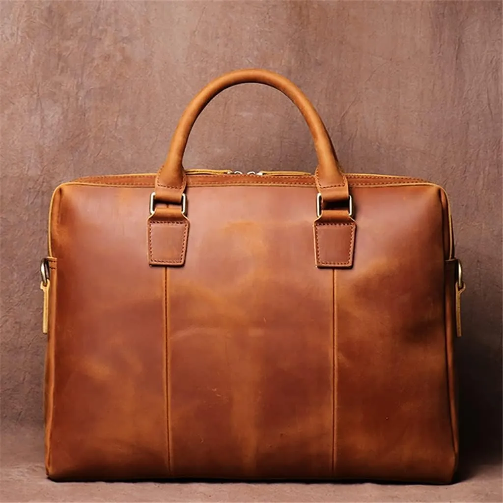 Vintage Bags Briefcase Men Shoulder Man Handbag Genuine Leather Brown Casual 15.6 Inch Laptop Bag