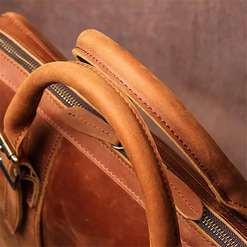 Vintage Bags Briefcase Men Shoulder Man Handbag Genuine Leather Brown Casual 15.6 Inch Laptop Bag