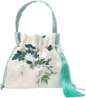 Vintage Chinese Style Flower Embroidery Handbag | Hanfu Drawstring Purse | Literary Messenger Shoulder Bag