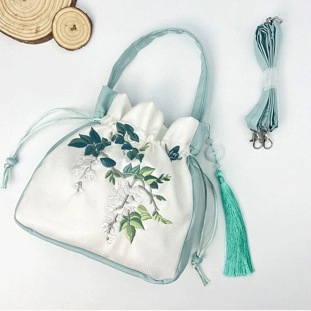 Vintage Chinese Style Flower Embroidery Handbag | Hanfu Drawstring Purse | Literary Messenger Shoulder Bag