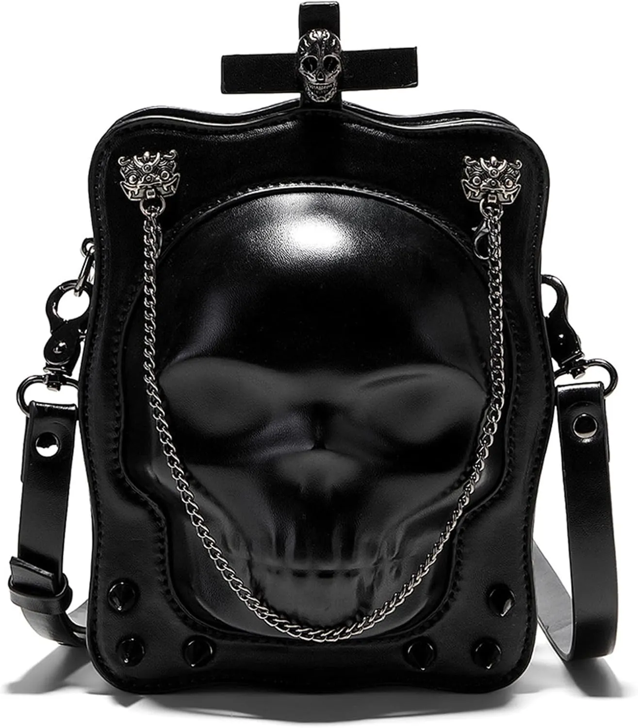 Vintage Inspired Crossbody Bag with Skull Print PU Leather Shoulder Bags Purse Halloween Satchel for Any Occasion, Black