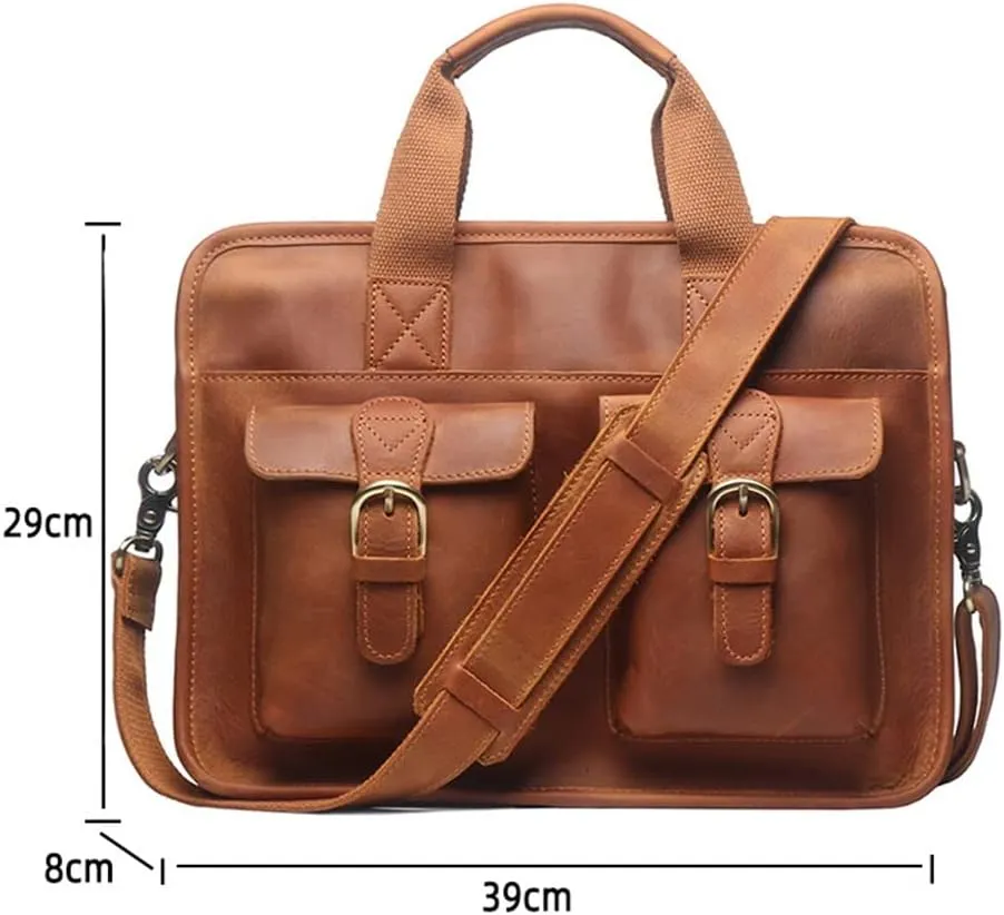Vintage Men Briefcase Man Handbag Shoulder Genuine Leather Bags Brown Business 14 Inch Laptop Bag(D)