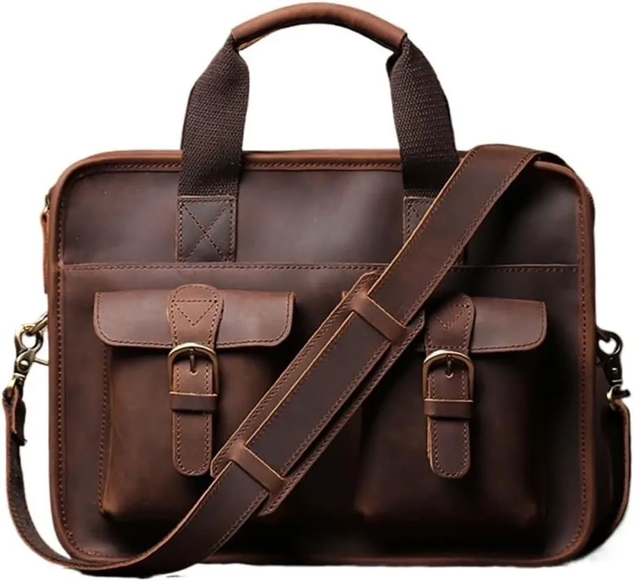 Vintage Men Briefcase Man Handbag Shoulder Genuine Leather Bags Brown Business 14 Inch Laptop Bag(D)