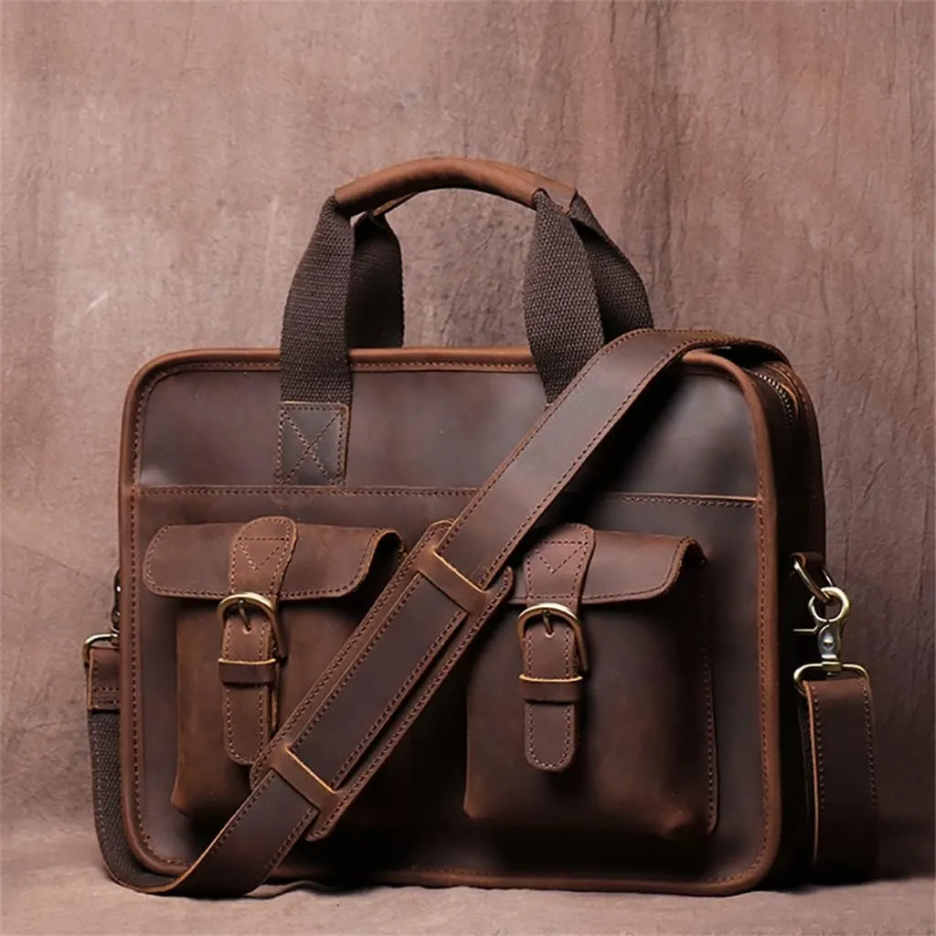 Vintage Men Briefcase Man Handbag Shoulder Genuine Leather Bags Brown Business 14 Inch Laptop Bag(D)