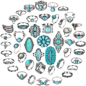Vintage Silver Knuckle Rings Set for Women Western Turquoise Rings Bohemian Midi Ring Bulk, Chunky Rings,Retro Stone Crystal Stackable Joint Finger Ring Pack