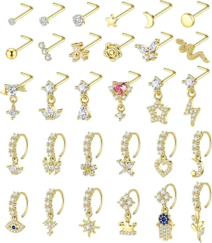 WAINIS 30Pcs 20G Dangle Nose Ring for Women L Shaped Dangling Nose Stud Surgical Steel Nose Ring Studs Dainty CZ Flower Heart Moon Star Dangle Rings Hoops Nose Piercing Jewelry