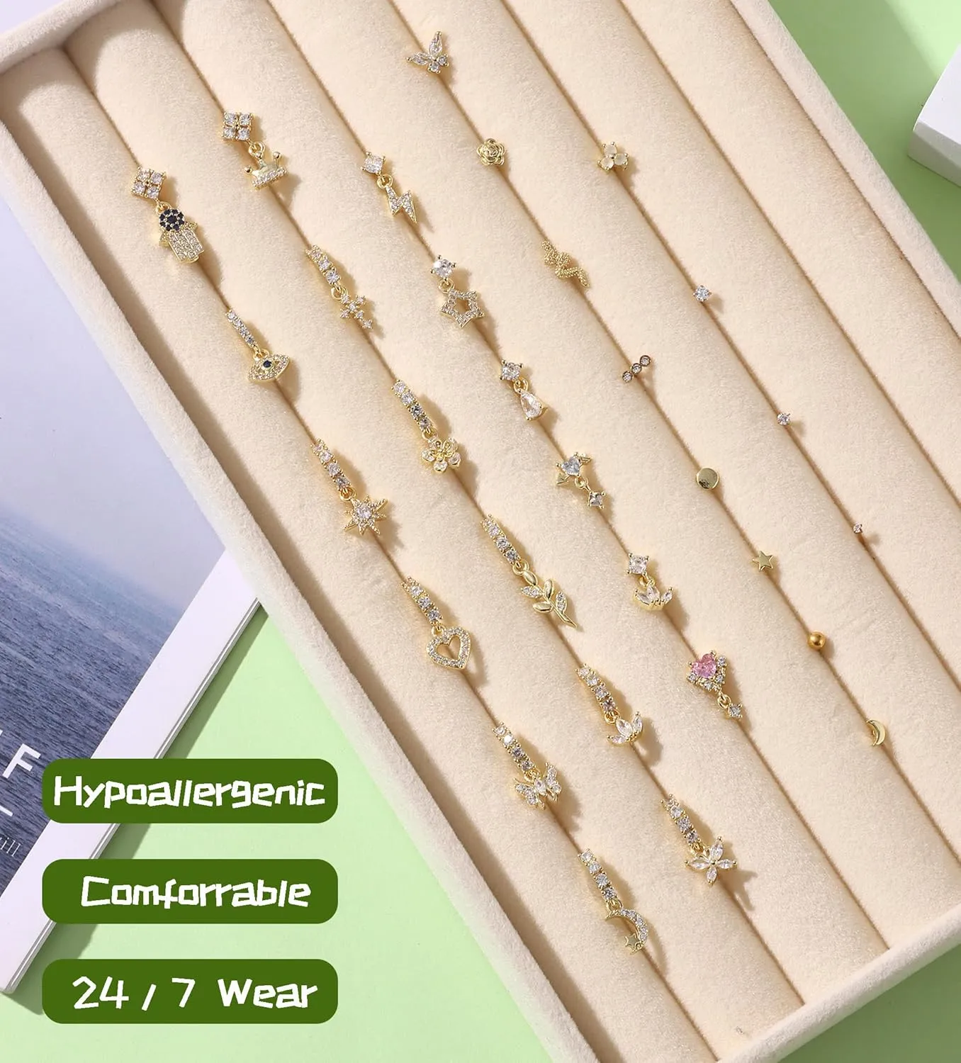 WAINIS 30Pcs 20G Dangle Nose Ring for Women L Shaped Dangling Nose Stud Surgical Steel Nose Ring Studs Dainty CZ Flower Heart Moon Star Dangle Rings Hoops Nose Piercing Jewelry