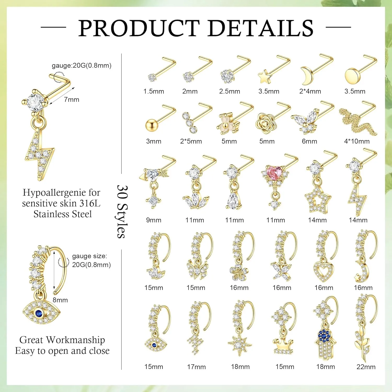 WAINIS 30Pcs 20G Dangle Nose Ring for Women L Shaped Dangling Nose Stud Surgical Steel Nose Ring Studs Dainty CZ Flower Heart Moon Star Dangle Rings Hoops Nose Piercing Jewelry