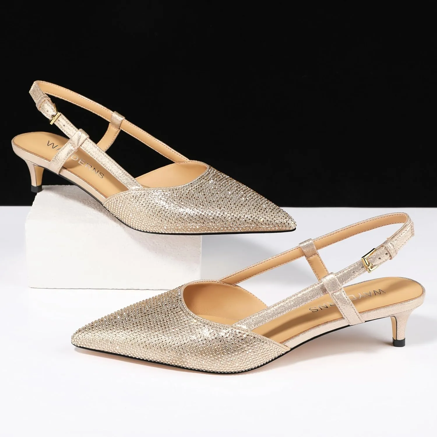 WAYDERNS Women's Kitten Heels Slingback Pumps Closed Pointed Toe Comfortable Low Heels Strap Elegant Dress Shoes for Wedding Office Prom Party 1.5 Inch