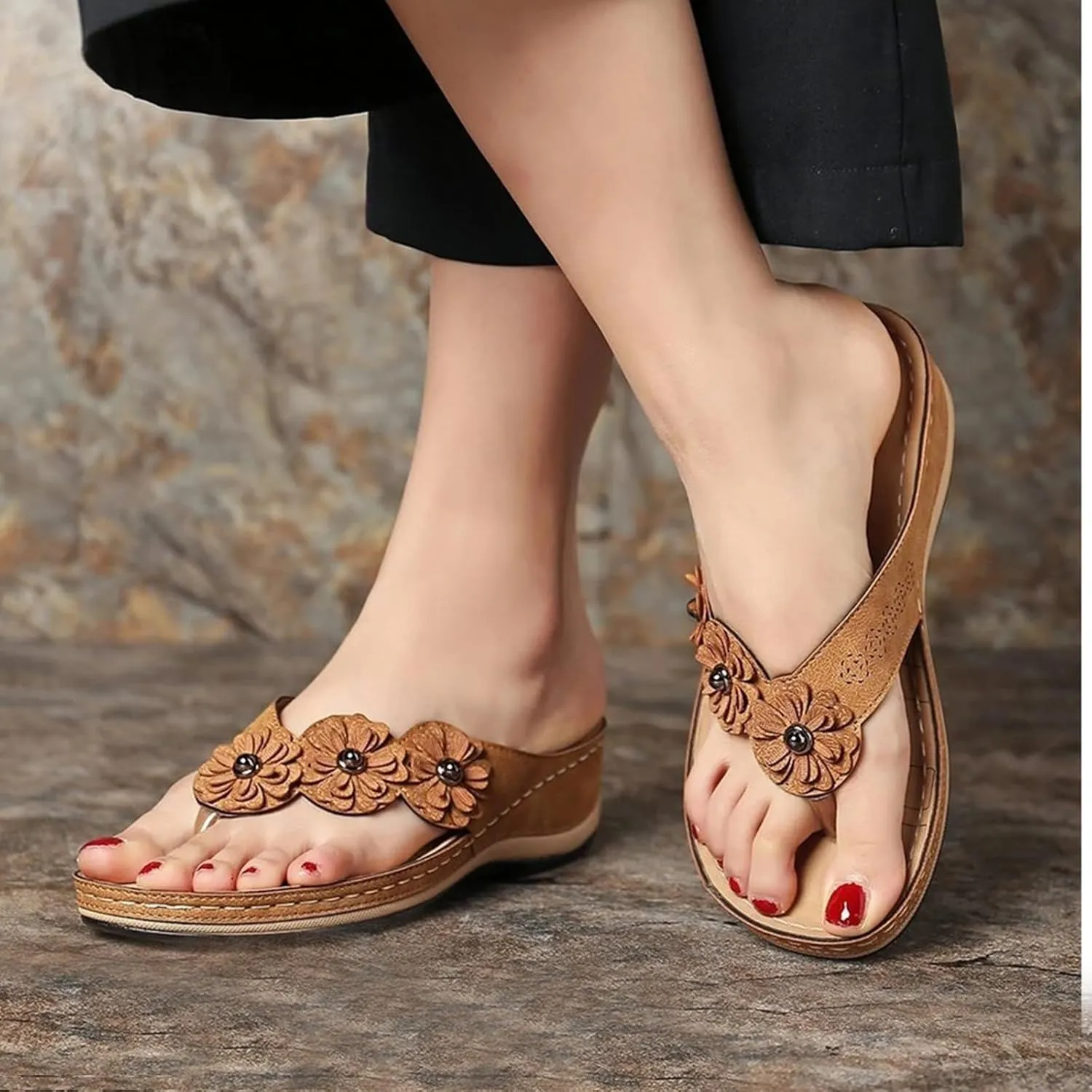 Wedge Sandals for Women 2025 Orthopedic Sandals Open Toe Thong Slippers Outdoor Flip Flops Low Wedge Dress Shoes Comfort Wear Orthowear Shoes Casual Vacation Walking Sandal Flower Decoration Slippers