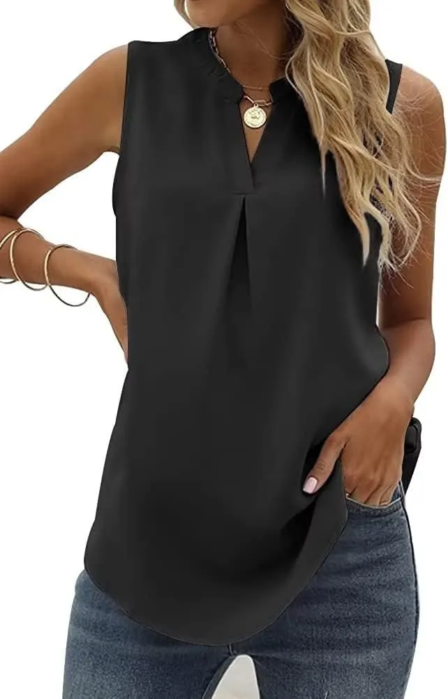 WELINCO Women's Summer Casual Sleeveless V Neck Lace Trim Tank Tops Loose Blouse Tees