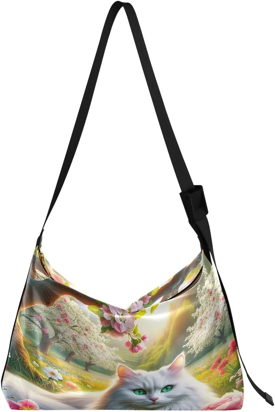 White Cat in Flowers Hobo Crossbody Bags for Women Leather Large Shoulder Bag Cross Body Spring Trendy Womens Tote Bags Handbag for Travel Shopping
