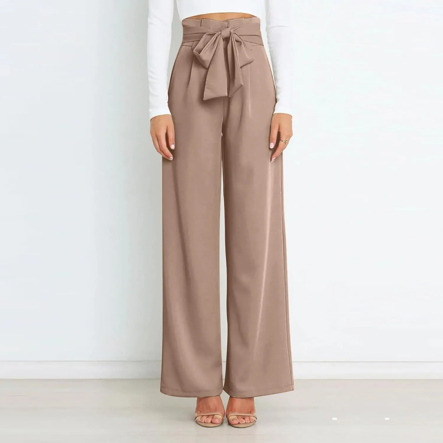 Wide Leg Work Pants for Women Dressy High Waist Bow Tiw Lace Up Baggy Pants Trendy Loose Fit Comfort Business Trousers