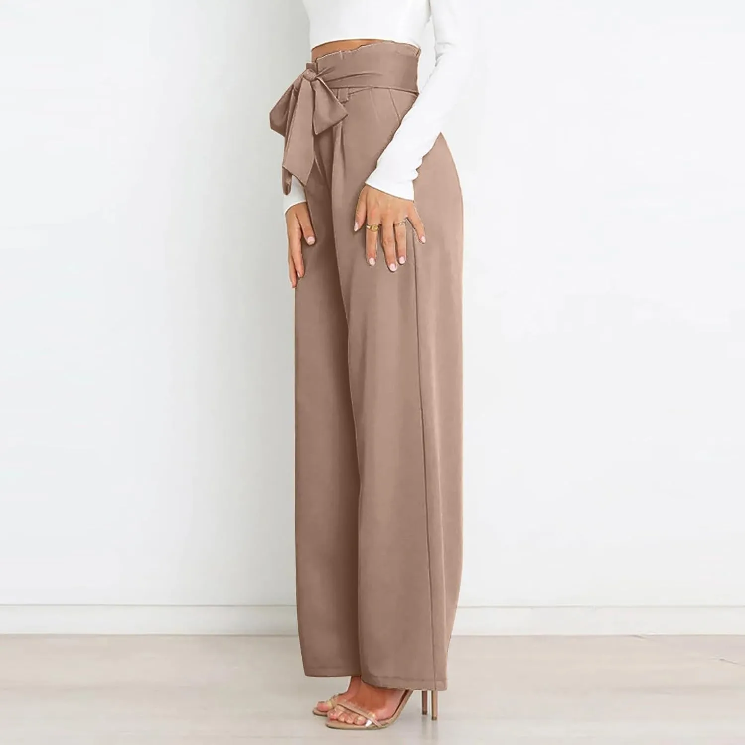 Wide Leg Work Pants for Women Dressy High Waist Bow Tiw Lace Up Baggy Pants Trendy Loose Fit Comfort Business Trousers
